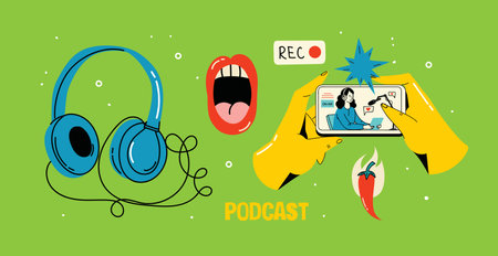 Podcast recording and listening, broadcasting, online radio, audio streaming service concept. Hand drawn vector isolated illustrations of headphones, microphone, laptop, equalizer, speech bubbles.のイラスト素材