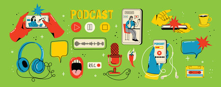 Podcast recording and listening, broadcasting, online radio, audio streaming service concept. Hand drawn vector isolated illustrations of headphones, microphone, laptop, equalizer, speech bubbles.のイラスト素材