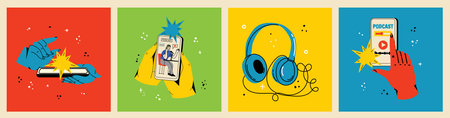 Podcast recording and listening, broadcasting, online radio, audio streaming service concept. Hand drawn vector isolated illustrations of headphones, microphone, laptop, equalizer, speech bubbles.のイラスト素材