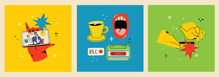 Podcast recording and listening, broadcasting, online radio, audio streaming service concept. Hand drawn vector isolated illustrations of headphones, microphone, laptop, equalizer, speech bubbles.のイラスト素材