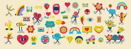 70s groovy illustrations for the posters, cards or stickers with hippie cute colorful funky character concepts of crazy geometric, dripping emoticon. Only good vibes sentenceのイラスト素材