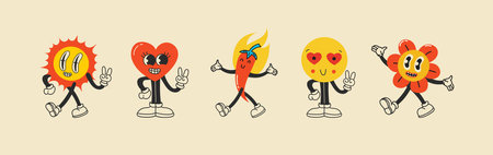 Groovy hippie love sticker character. Comic happy mushroom, hot dog and cloud character with wings in trendy retro 60s 70s cartoon style. Vintage isolated vector illustration.のイラスト素材