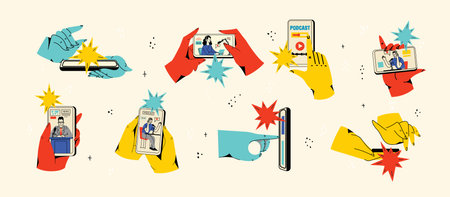 Concept of news, watching video online, podcast, talk show, tv application, live streaming. Hand holding smartphone with man with microphone on screen. Vector illustration in flat styleのイラスト素材
