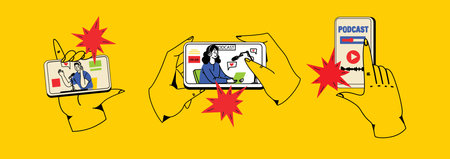 Concept of news, watching video online, podcast, talk show, tv application, live streaming. Hand holding smartphone with man with microphone on screen. Vector illustration in flat styleのイラスト素材