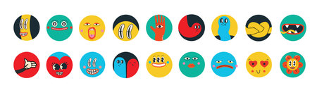 Set of Vector highlight covers. Collection of elements in trendy retro cartoon style. Hand drawn templates. Round icons for social media stories. Perfect for bloggersのイラスト素材