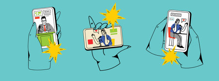 Concept of news, watching video online, podcast, talk show, tv application, live streaming. Hand holding smartphone with man with microphone on screen. Vector illustration in flat styleのイラスト素材