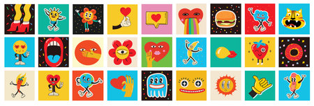 70s groovy square posters, cards or stickers. Retro print with hippie cute colorful funky character concepts of crazy geometric, dripping emoticon. Only good vibes sentenceのイラスト素材