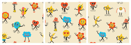 Colorful funny happy face label seamless pattern set. Collection of trendy retro sticker cartoon backgrounds. Weird comic character art wallpaperのイラスト素材