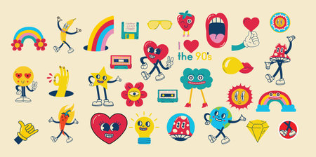 70s groovy illustrations for the posters, cards or stickers with hippie cute colorful funky character concepts of crazy geometric, dripping emoticon. Only good vibes sentenceのイラスト素材