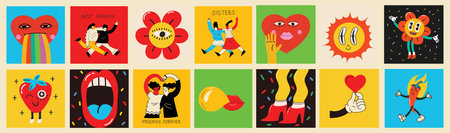 70s groovy square posters, cards or stickers. Retro print with hippie cute colorful funky character concepts of crazy geometric, dripping emoticon. Only good vibes sentenceのイラスト素材
