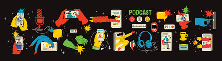 Concept of watching video online, podcast, talk show, tv application, live streaming. Hand holding smartphone with man with microphone on screen. Vector illustration in flat styleのイラスト素材