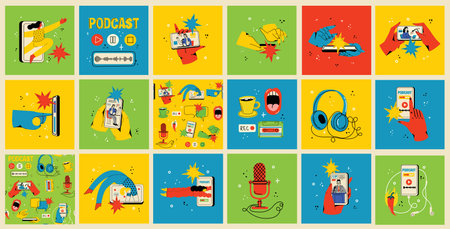 Concept of watching video online, podcast, talk show, tv application, live streaming. Hand holding smartphone with man with microphone on screen. Vector illustration in flat styleのイラスト素材