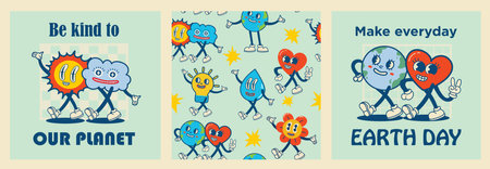 Happy Earth Day retro cards with slogan. Vintage nostalgia cartoon planet mascot character with smiling face. Globe with peace hand gesture. Environment friendly recycle concept.のイラスト素材
