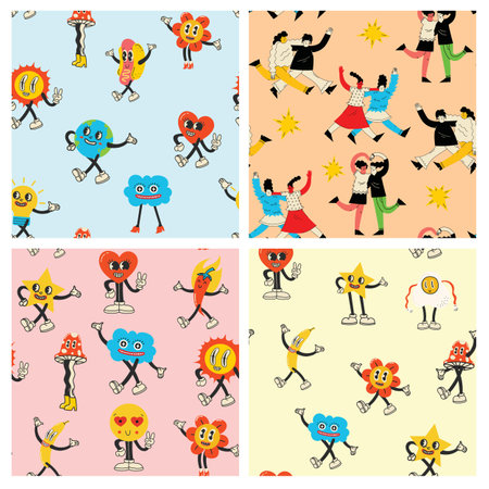 Colorful funny happy face label seamless pattern set. Collection of trendy retro sticker cartoon backgrounds. Weird comic character art wallpaperのイラスト素材