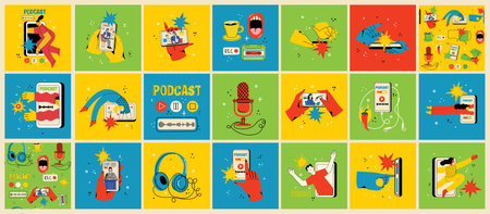 Concept of watching video online, podcast, talk show, tv application, live streaming. Hand holding smartphone with man with microphone on screen. Vector illustration in flat styleのイラスト素材