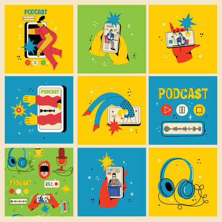 Concept of watching video online, podcast, talk show, tv application, live streaming. Hand holding smartphone with man with microphone on screen. Vector illustration in flat styleのイラスト素材