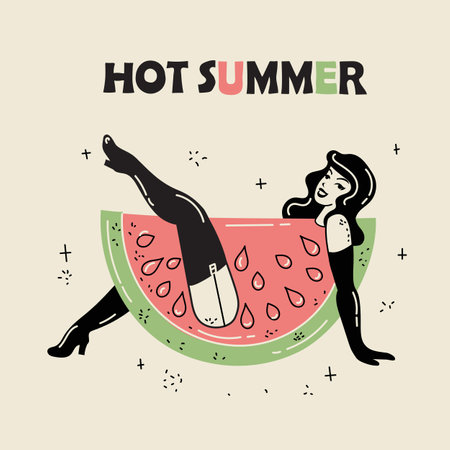 Beautiful young girl with watermellow costume. Hot summer concept for advertising. Poster, sticker templates Vector background in in groovy pin-up pop art retro comic style.のイラスト素材