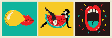 Beautiful young girl with watermellow costume. Hot summer concept for advertising. Poster, sticker templates Vector background in in groovy pin-up pop art retro comic style.のイラスト素材