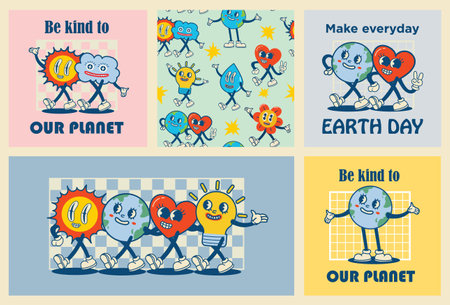Happy Earth Day retro cards with slogan. Vintage nostalgia cartoon planet mascot character with smiling face. Globe with peace hand gesture. Environment friendly recycle concept.のイラスト素材