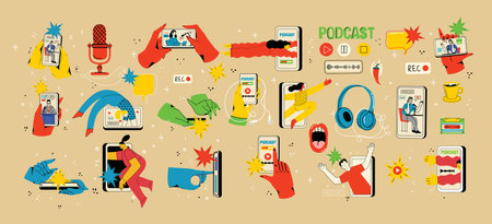 Concept of watching video online, podcast, talk show, tv application, live streaming. Hand holding smartphone with man with microphone on screen. Vector illustration in flat styleのイラスト素材