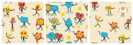 Colorful funny happy face label seamless pattern set. Collection of trendy retro sticker cartoon backgrounds. Weird comic character art wallpaperのイラスト素材