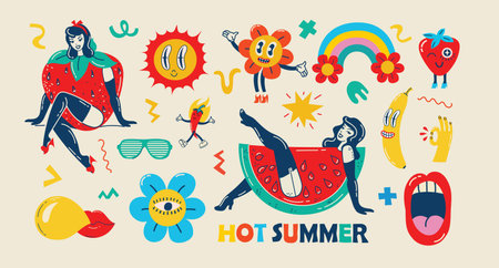 Collection multicolored vintage pop art summer stickers elements decorative design vector illustration. Set groovy style girl strawberry, sun, sunglasses, rainbow archのイラスト素材