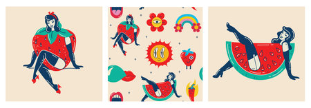 Beautiful young girls with fruits costumes. Hot summer concept for advertising. Poster, sticker templates Vector background in in groovy pin-up pop art retro comic style.のイラスト素材