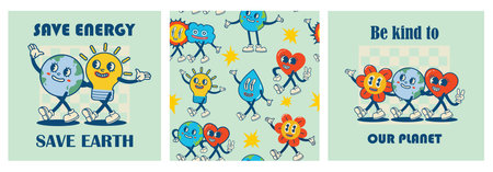 Happy Earth Day retro cards with slogan. Vintage nostalgia cartoon planet mascot character with smiling face. Globe with peace hand gesture. Environment friendly recycle concept.のイラスト素材