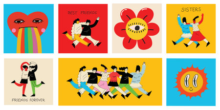 Women friends. Girlfriends spend time together, walking with friend. Powerful women standing, dancing and friendship hugging vector illustrationsのイラスト素材
