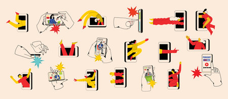 Technology of customers retention. Social media marketing and Dependence on the phone and the Internet. Illustration of the people fallen into a smartphone.のイラスト素材