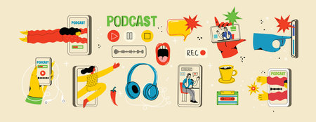 Concept of watching podcast, video online, talk show, tv application, live streaming. Hand holding smartphone with man with microphone on screen. Vector illustration in flat styleのイラスト素材