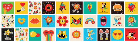 Collection multicolored vintage pop art summer stickers elements decorative design vector illustration. Set groovy style girl strawberry, sun, sunglasses, rainbow archのイラスト素材