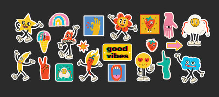 Retro cartoon stickers with funny comic characters and gloved hands. Contemporary abstract shape, banana, star and mushroom badge vector set.のイラスト素材