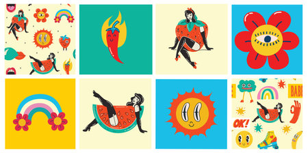 Collection multicolored vintage pop art summer stickers elements decorative design vector illustration. Set groovy style girl strawberry, sun, sunglasses, rainbow archのイラスト素材