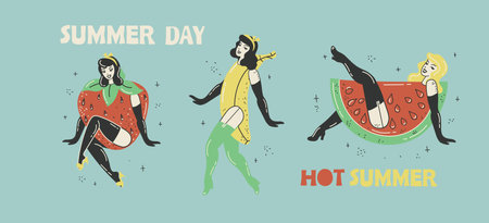 Beautiful young girl with fruits costume. Hot summer concept for advertising. Poster, sticker templates Vector background in in groovy pin-up pop art retro comic style.のイラスト素材