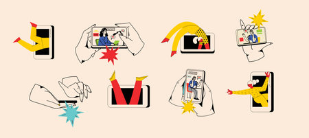Technology of customers retention. Social media marketing and Dependence on the phone and the Internet. Illustration of the people fallen into a smartphone.のイラスト素材