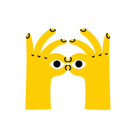 Hand gesture symbolizing binoculars, magnification, looking into the distance, point of view. Vision, prediction, look forward. Flat vector illustration on yellow.のイラスト素材