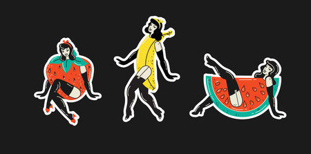 Collection multicolored vintage pop art summer stickers elements decorative design vector illustration. Set groovy style girls, strawberry, sun, sunglasses, rainbow archのイラスト素材