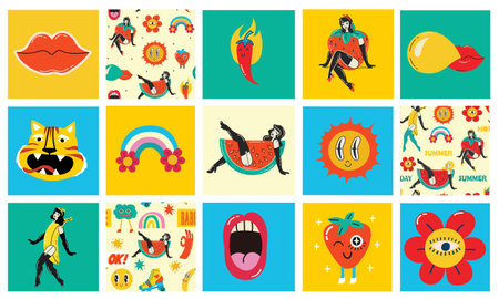 Collection multicolored vintage pop art summer stickers elements decorative design vector illustration. Set groovy style girls, strawberry, sun, sunglasses, rainbow archのイラスト素材