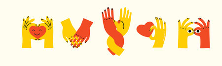 Groovy hippie love set of colorful hands with different gestures. Hands with heart, together hands and etc. Hand drawn vector illustration. Retro happy Valentines day in cartoon style.のイラスト素材