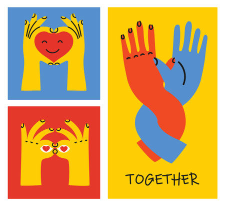Groovy hippie love set of colorful hands with different gestures. Hands with heart, together hands and etc. Hand drawn vector illustration. Retro happy Valentines day in cartoon style.のイラスト素材