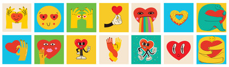 Groovy hippie love sticker set. Retro happy Valentines day. Comic happy heart character in trendy retro 60s 70s cartoon style. Retro characters and elements.のイラスト素材