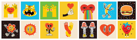 70s groovy square posters, cards or stickers. Retro print with hippie cute colorful funky character concepts of crazy geometric, dripping emoticon. Only good vibes sentenceのイラスト素材