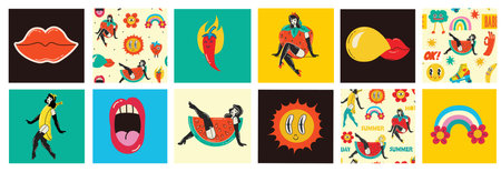 70s groovy square posters, cards or stickers. Retro print with hippie cute colorful funky character concepts of crazy geometric, dripping emoticon. Only good vibes sentenceのイラスト素材