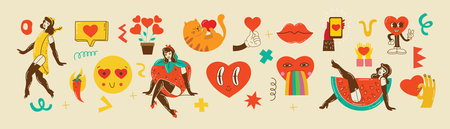 Groovy hippie love sticker set. Retro happy Valentines day. Comic happy heart character in trendy retro 60s 70s cartoon style. Retro characters and elements.のイラスト素材