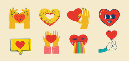 Groovy hippie love sticker set. Retro happy Valentines day. Comic happy heart character in trendy retro 60s 70s cartoon style. Retro characters and elements.のイラスト素材