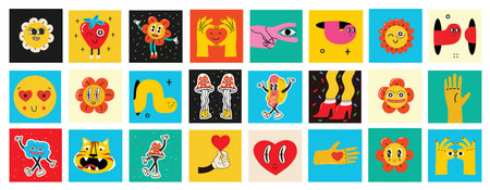 70s groovy square posters, cards or stickers. Retro print with hippie cute colorful funky character concepts of crazy geometric, dripping emoticon. Only good vibes sentenceのイラスト素材
