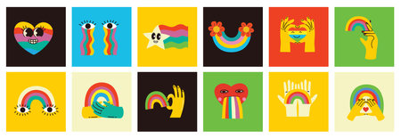 Pride LGBTQ icon set of related symbols set in rainbow colors: Pride Flag, Heart, Peace, Rainbow, Love, Support, Freedom Symbols. Gay Pride Month. Flat design signs isolated on white backgroundのイラスト素材