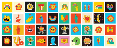 70s groovy square posters, cards or stickers. Retro print with hippie cute colorful funky character concepts of crazy geometric, dripping emoticon. Only good vibes sentenceのイラスト素材