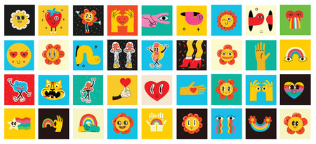 70s groovy square posters, cards or stickers. Retro print with hippie cute colorful funky character concepts of crazy geometric, dripping emoticon. Only good vibes sentenceのイラスト素材